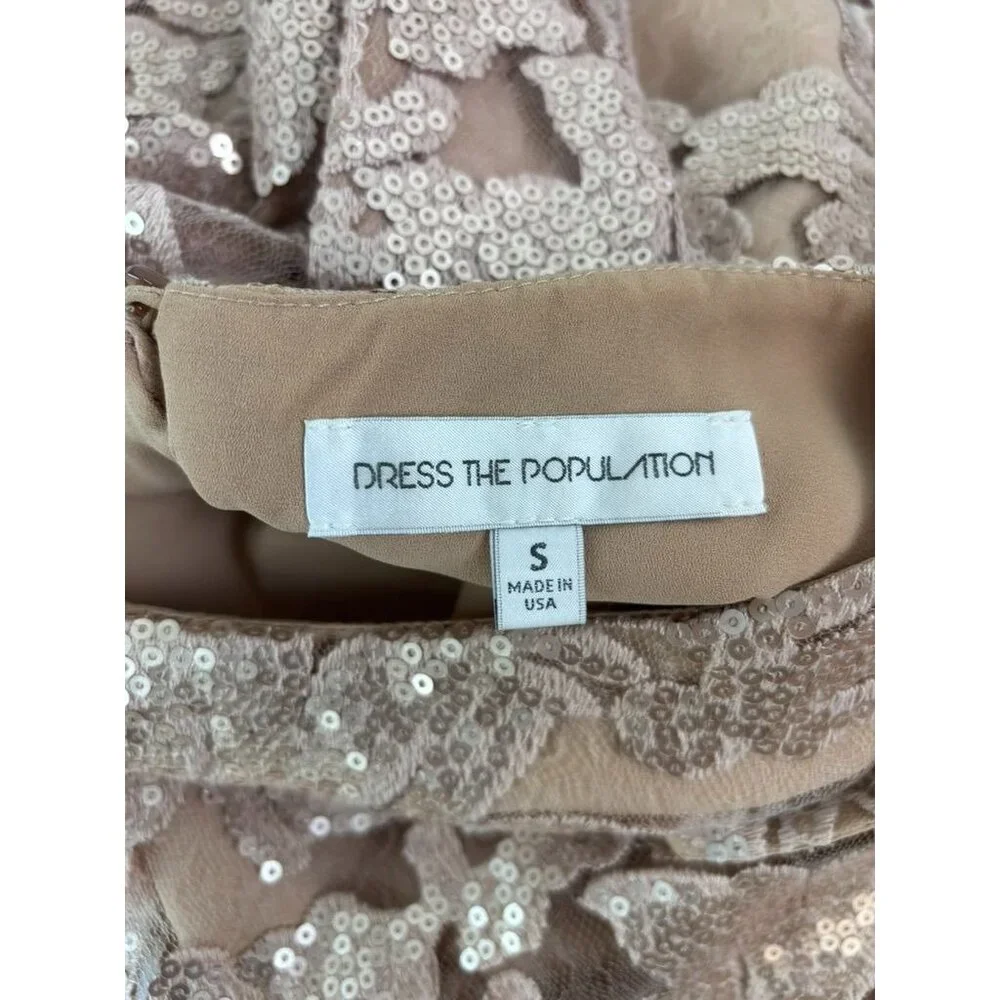 Dress the population women's small beige lace overlay fitted mini party dress - Picture 5 of 9